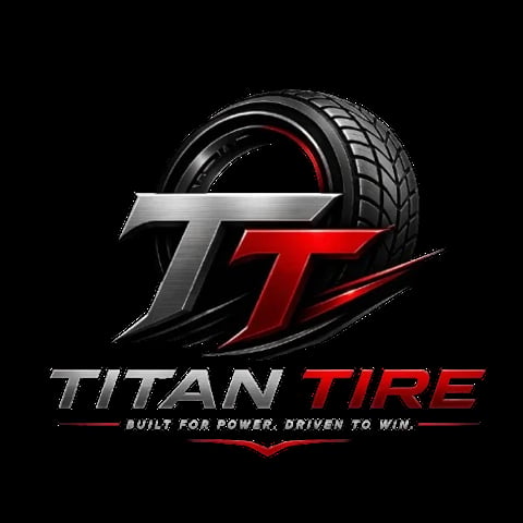Titan Tire logo featuring a stylized T with a tire and tagline Built for Power, Driven to Win