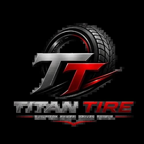 Titan Tire logo featuring a stylized T with a tire and tagline Built for Power, Driven to Win